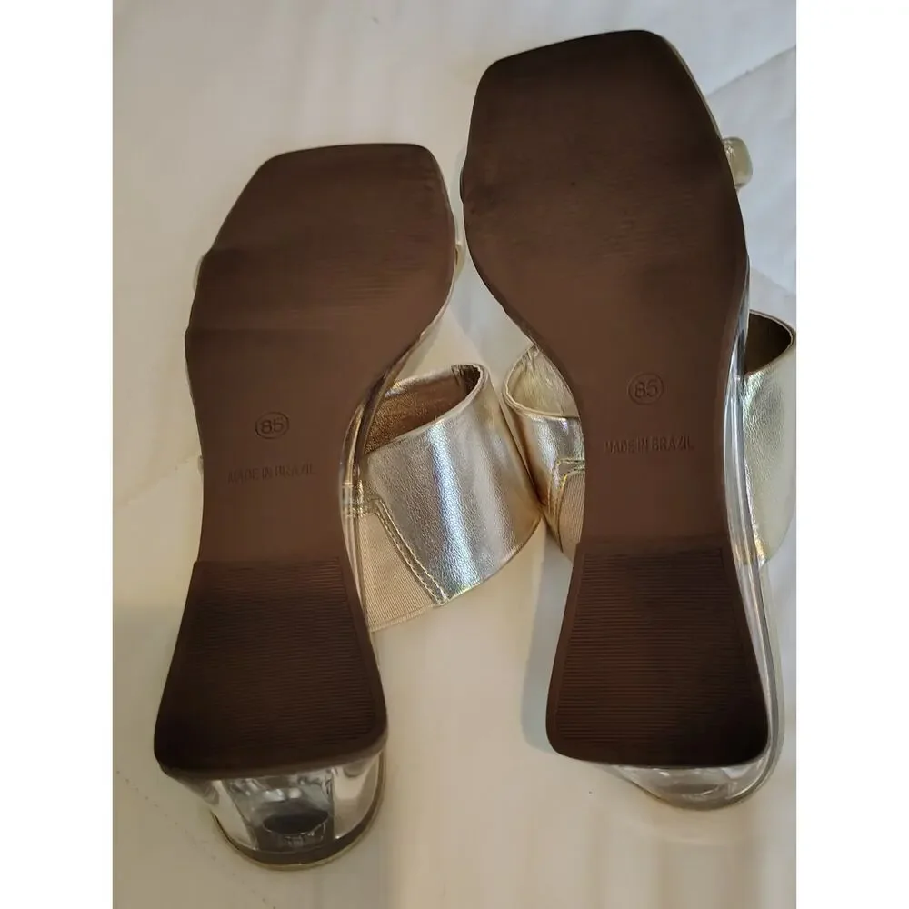 Anne Klein Rybaia Gold Metallic Clear Wedge Sandals Mules Sz 8.5M Brazil